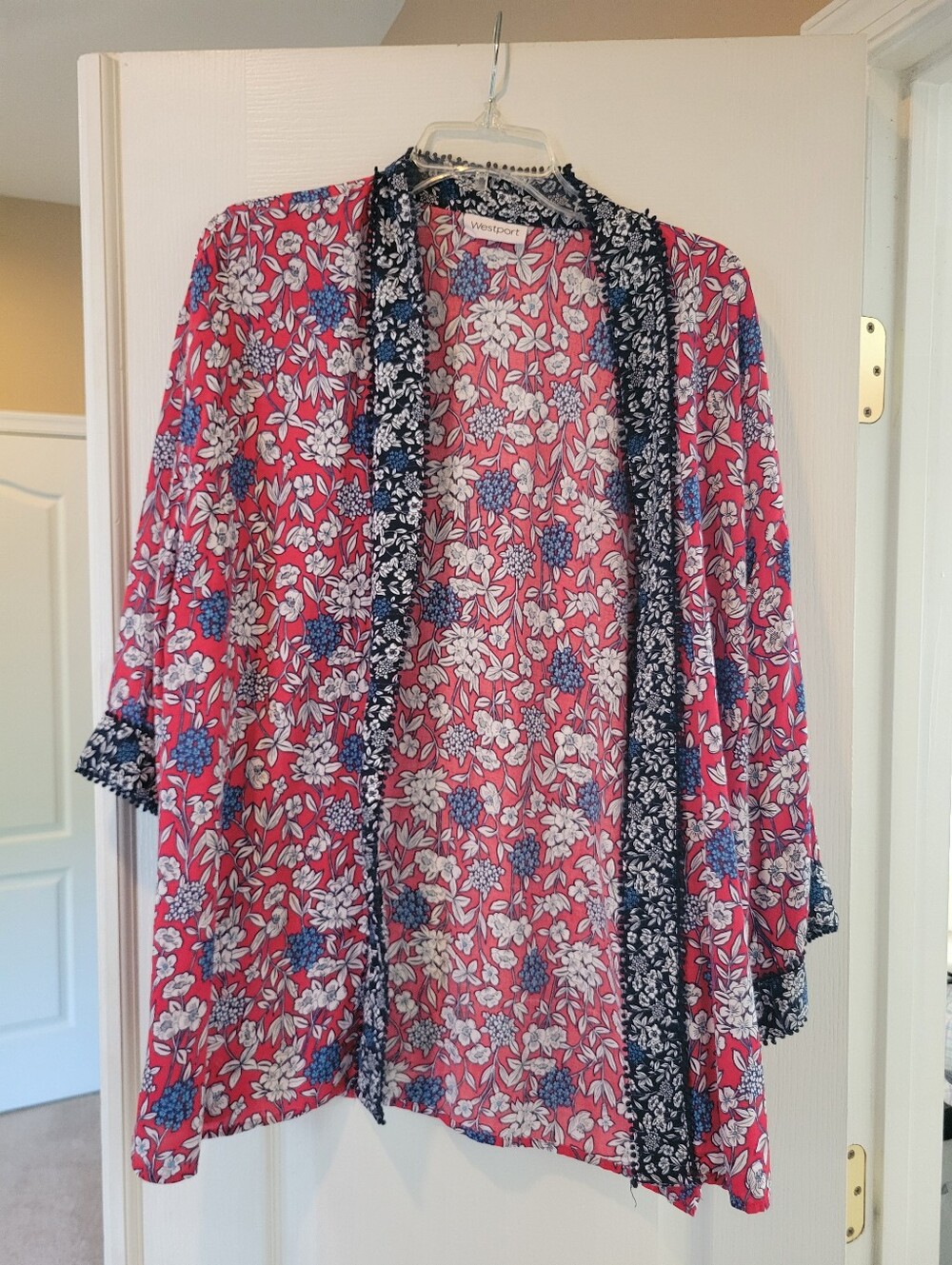 Westport Pink Floral Open-Front Tunic with Navy Trim
